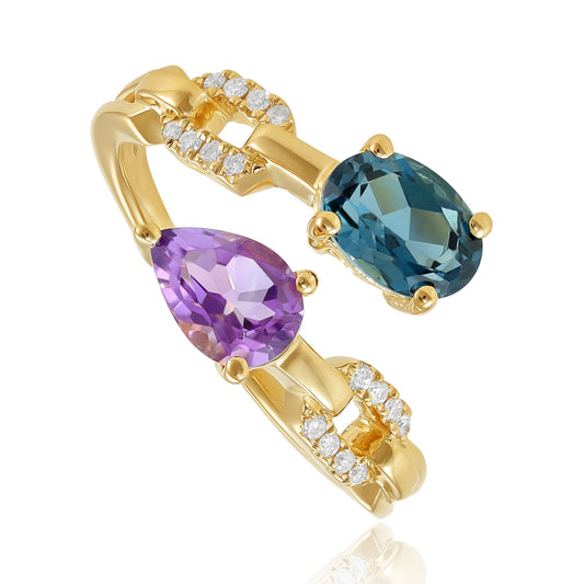 18ct Yellow Gold Diamond Topaz and Amethyst Ring