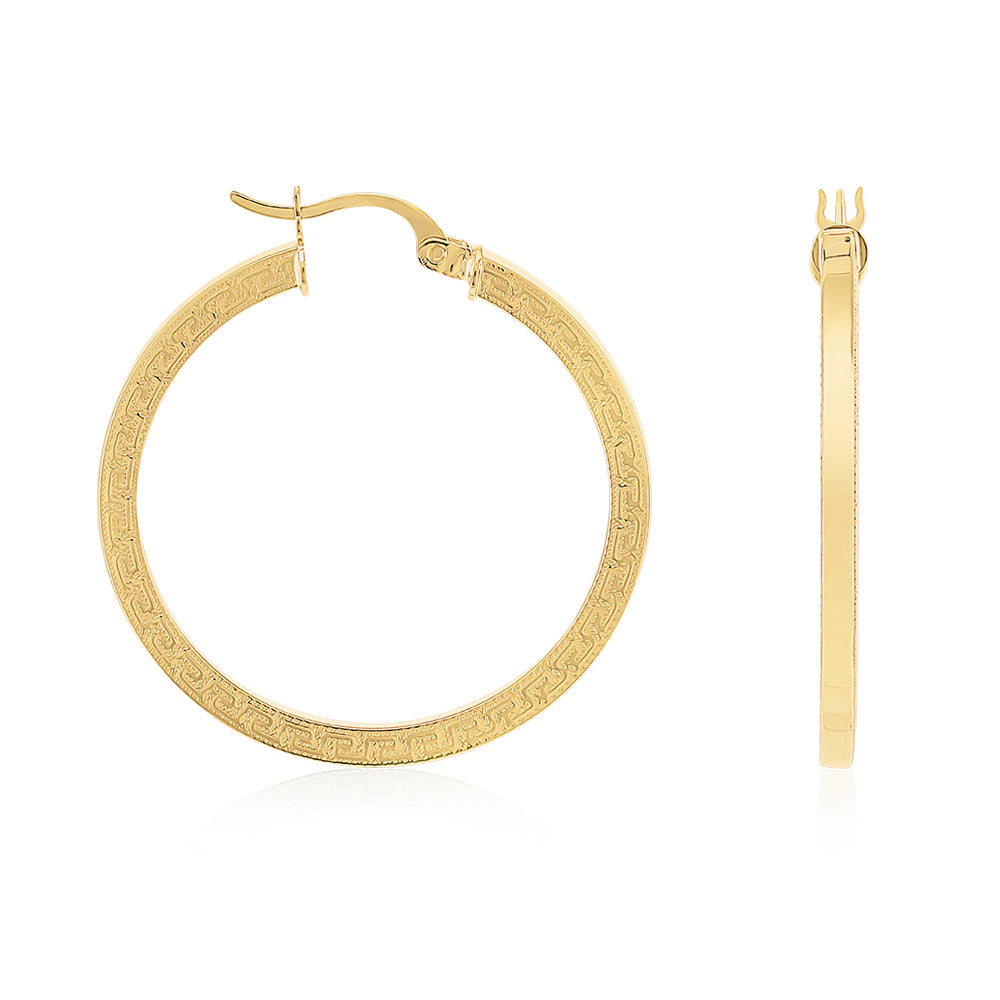 9ct Gold Greek Key Hoop Earrings