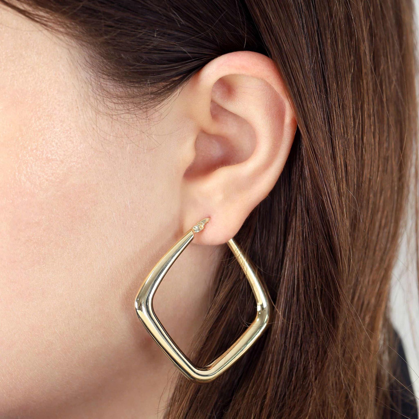 9ct Gold Square Hoop Earrings on ear